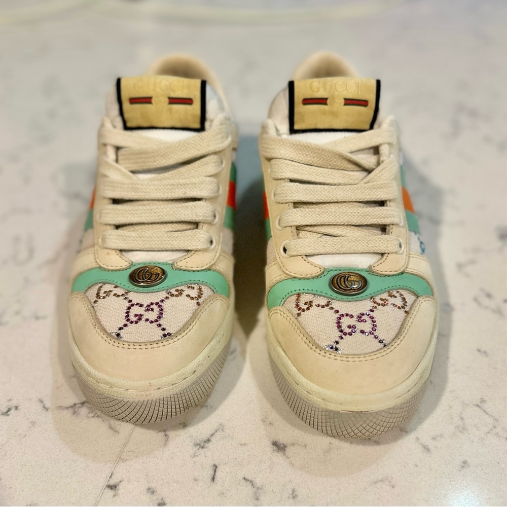 Gucci Beige and Teal Screener Sneakers